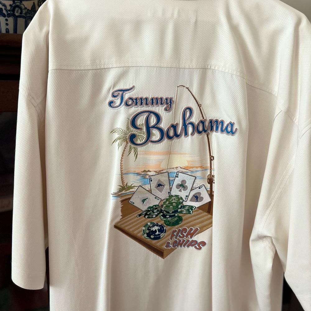 Tommy Bahama Cream Graphic Shirt with Fishing Theme